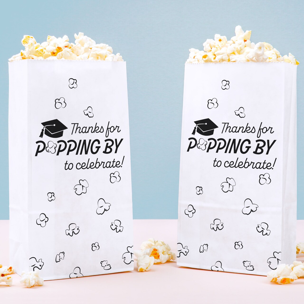 Big Dot of Happiness Black and Gold Thanks for Popping By Popcorn Bags, Graduation Favor Treats, Free-Standing Individual White Paper Bags - 25 Count